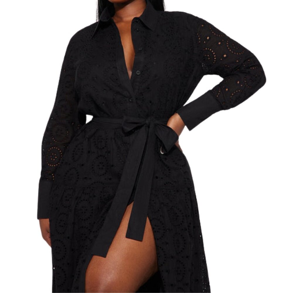 NWT Fashion Nova Pilar Black Eyelet Maxi Dress Plus Size 3X Cotton Shirt Dress